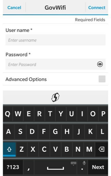 Screenshot of the WiFi authentication prompt on Blackberry