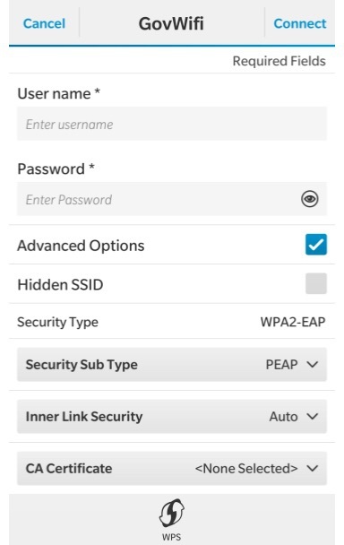 Screenshot of Wifi authentication prompt with advanced options enabled on Blackberry