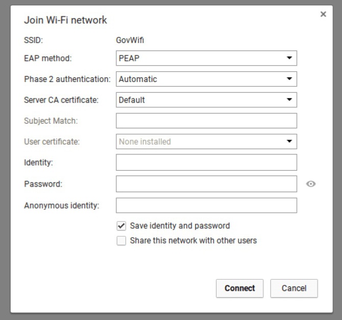 Screenshot of the WiFi network settings dialog on Chromebooks