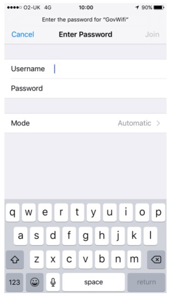 Screenshot of WiFi credentials input on iOS