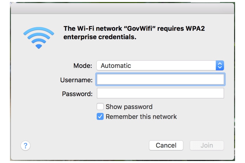 Screenshot of WiFi credentials prompt on macOS