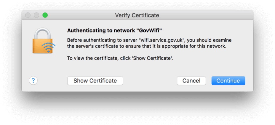 Screenshot of Verify Certificate dialog on macOS